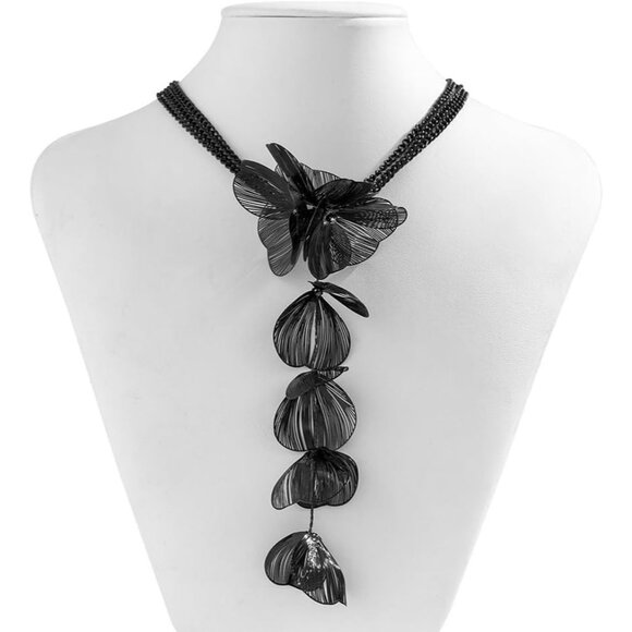 Women's Ginkgo Long Tassel Leaves Choker Statement Beachy Party Black Necklace - Picture 9 of 9